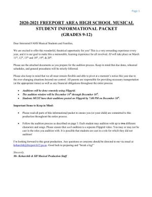 2020-2021 Freeport Area High School Musical Student Informational Packet (Grades 9-12)