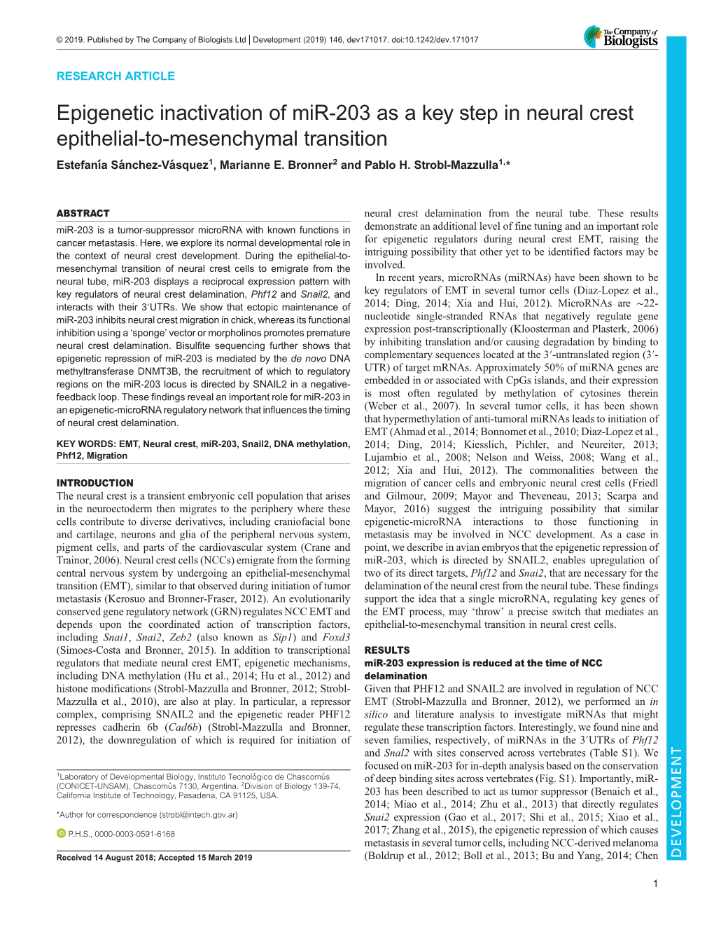 Epigenetic Inactivation of Mir-203 As a Key Step in Neural Crest Epithelial-To-Mesenchymal Transition Estefanıasá ́Nchez-Vásquez1, Marianne E