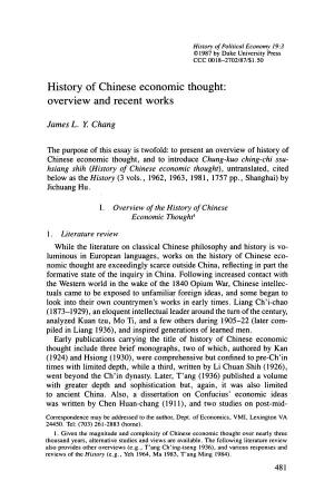 History of Chinese Economic Thought: Overview and Recent Works