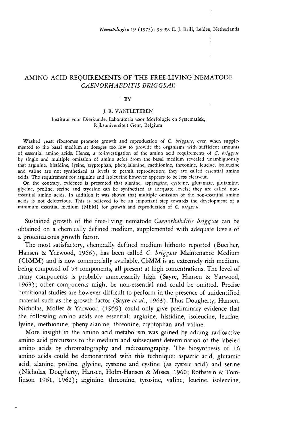 Amino Acid Requirements of the Free-Living Nematode Caenorhabditis Briggsae