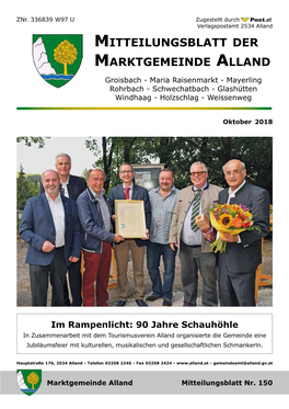 Mitteilungsblatt Der Marktgemeinde Alland Groisbach - Maria Raisenmarkt - Mayerling Rohrbach - Schwechatbach - Glashütten Windhaag - Holzschlag - Weissenweg