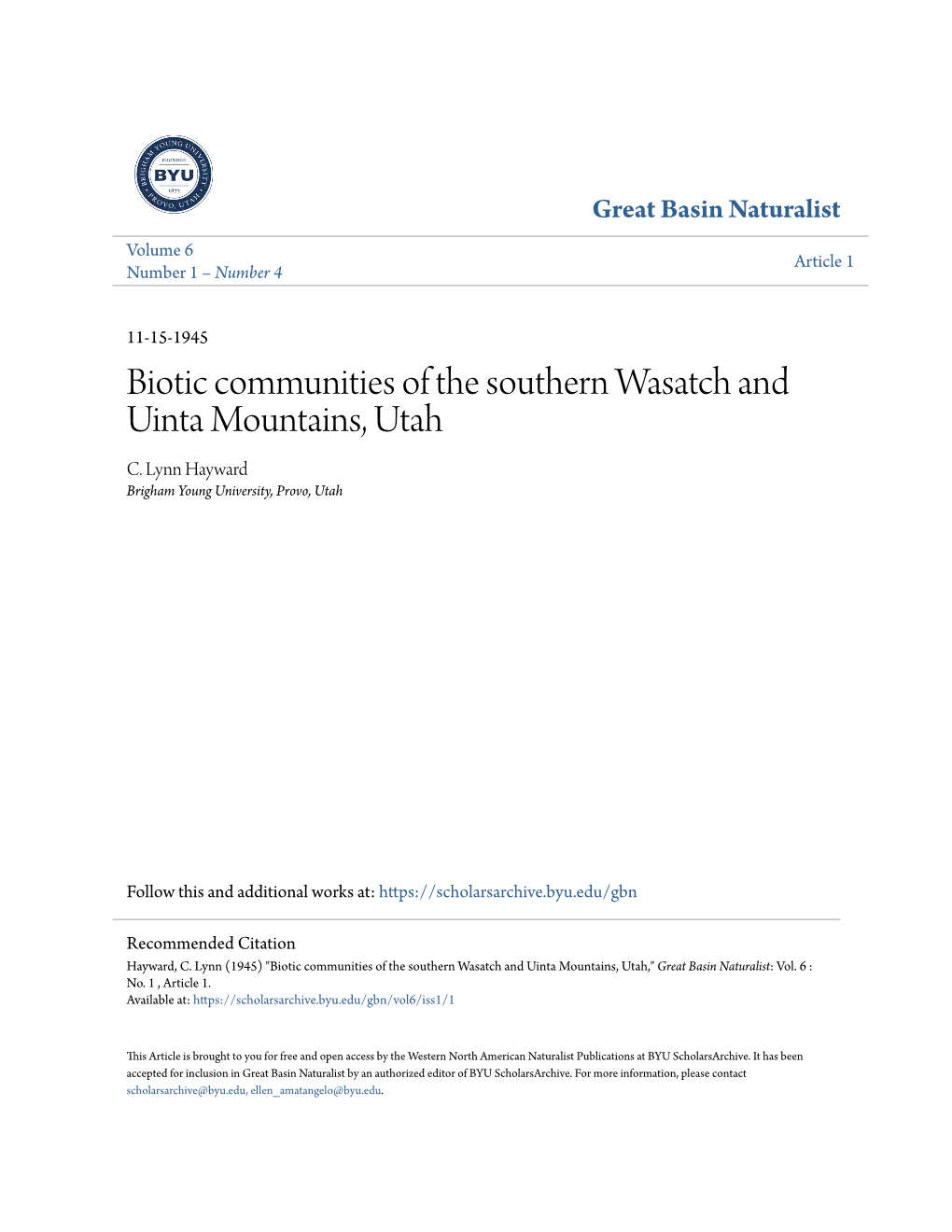 Biotic Communities of the Southern Wasatch and Uinta Mountains, Utah C