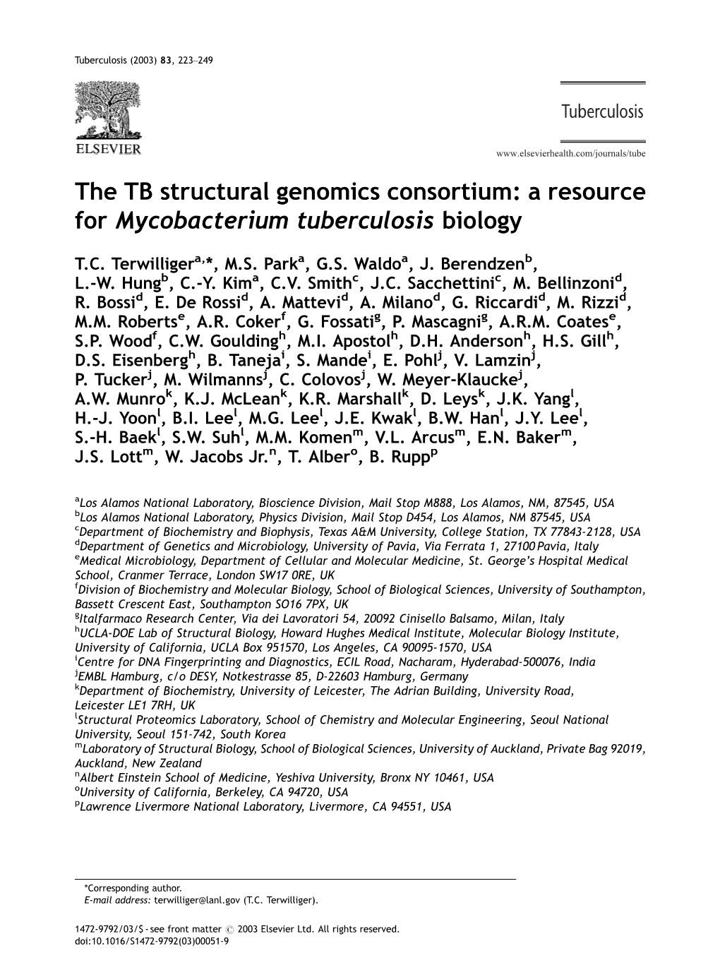 The TB Structural Genomics Consortium: a Resource for Mycobacterium Tuberculosis Biology