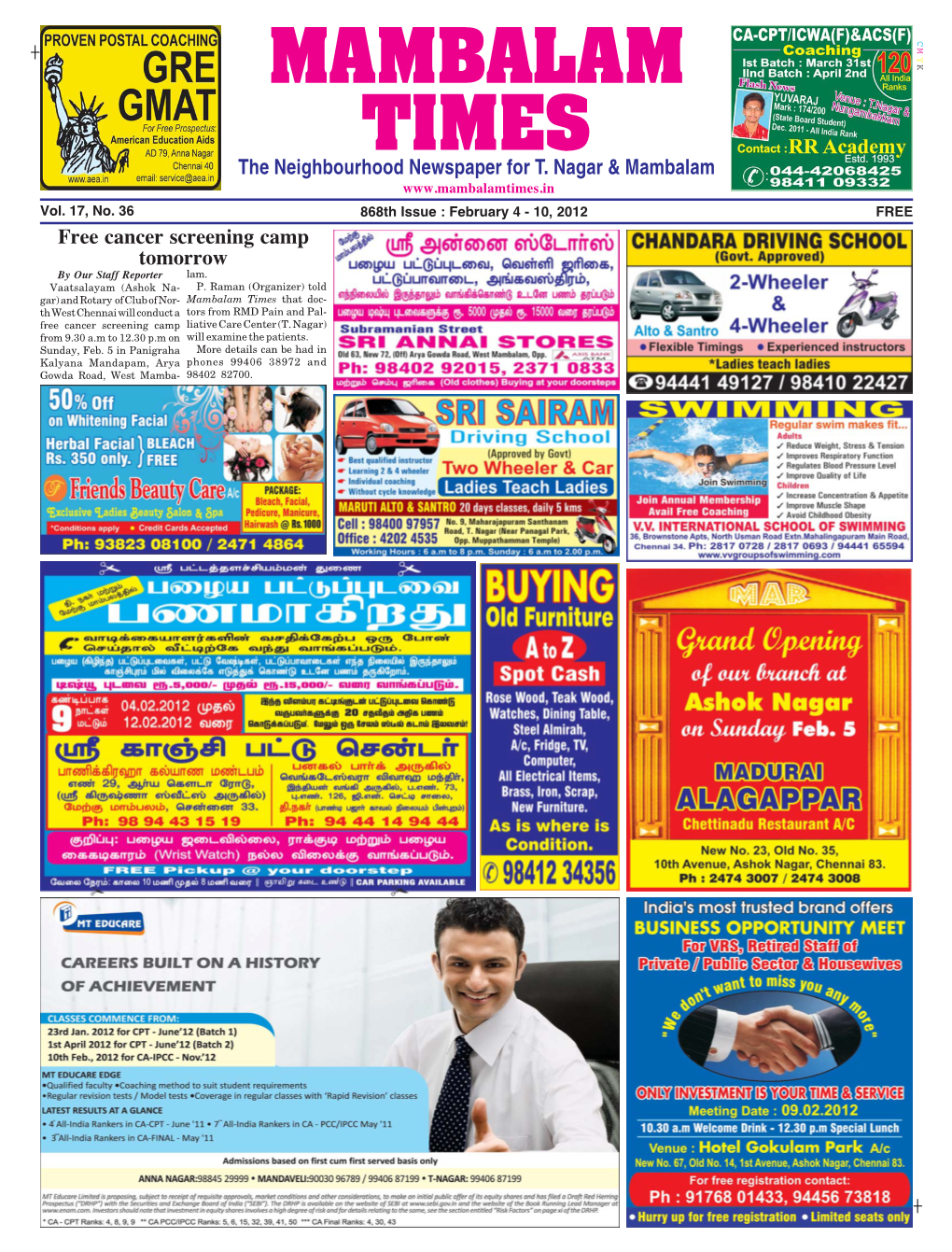 Mambalam Times That Doc- Th West Chennai Will Conduct a Tors from RMD Pain and Pal- Free Cancer Screening Camp Liative Care Center (T