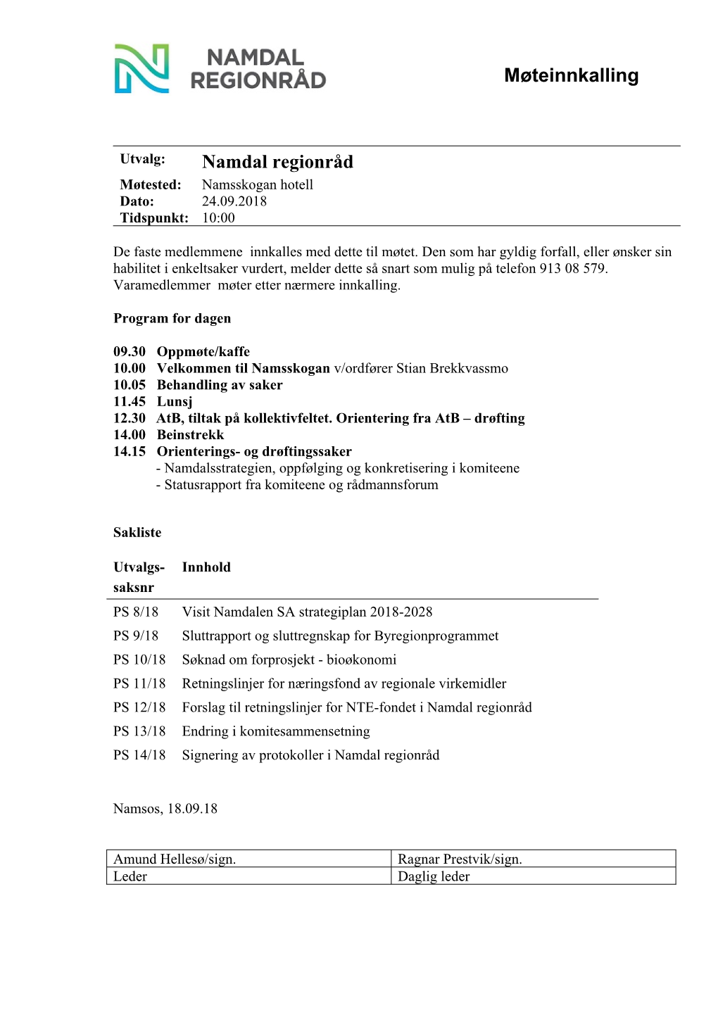 Møteinnkalling Namdal Regionråd