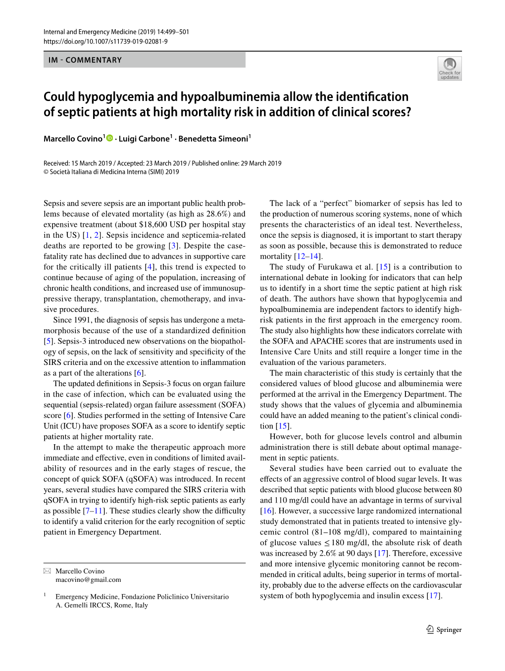 Could Hypoglycemia and Hypoalbuminemia Allow the Identifcation of Septic Patients at High Mortality Risk in Addition of Clinical Scores?