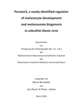 Peroxin3, a Newly Identified Regulator of Melanocyte Development and Melanosome Biogenesis in Zebrafish Danio Rerio