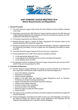IAAF DIAMOND LEAGUE MEETINGS 2018 Status Requirements and Regulations