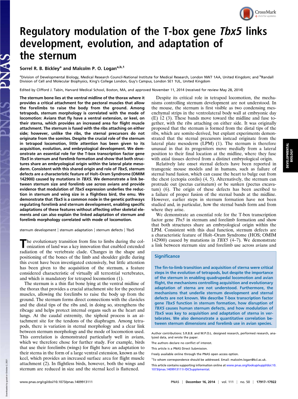 Regulatory Modulation of the T-Box Gene Tbx5 Links Development, Evolution, and Adaptation of the Sternum