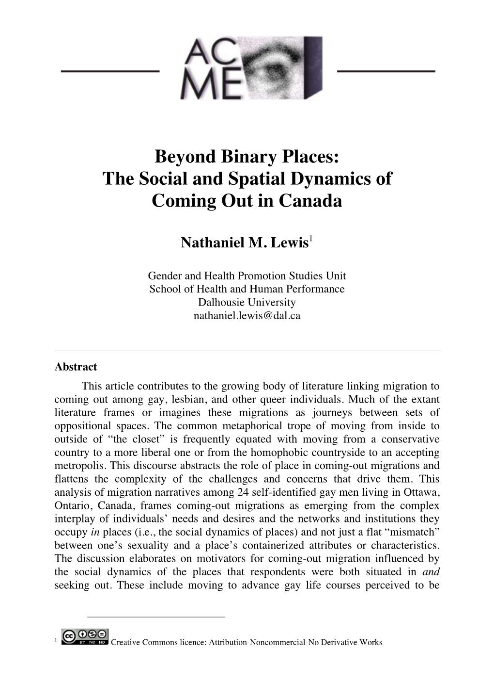 The Social and Spatial Dynamics of Coming out in Canada