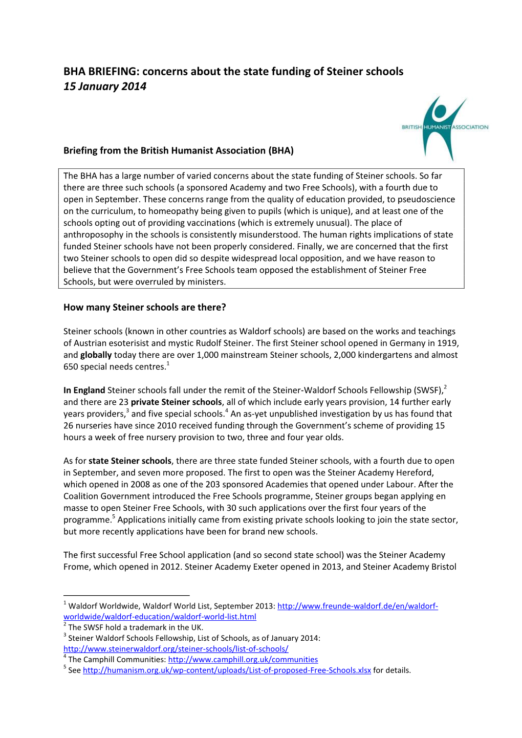 BHA BRIEFING: Concerns About the State Funding of Steiner Schools 15 January 2014