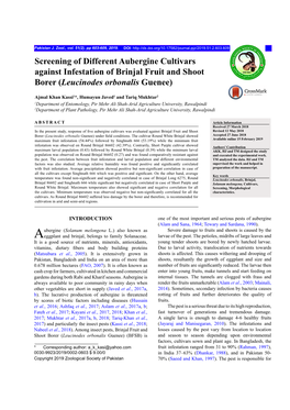 Screening of Different Aubergine Cultivars Against Infestation of Brinjal Fruit and Shoot Borer (Leucinodes Orbonalis Guenee)