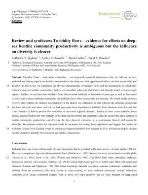 Turbidity Flows – Evidence for Effects on Deep- Sea Benthic Community Productivity Is Ambiguous but the Influence on Diversity Is Clearer Katharine T
