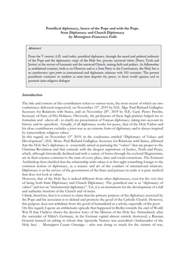 Pontifical Diplomacy, Hence of the Pope and with the Pope. State Diplomacy and Church Diplomacy by Monsignor Francesco Follo