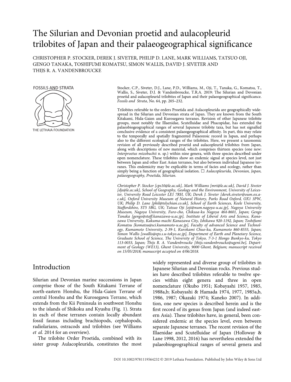 The Silurian and Devonian Proetid and Aulacopleurid Trilobites of Japan and Their Palaeogeographical Signiﬁcance