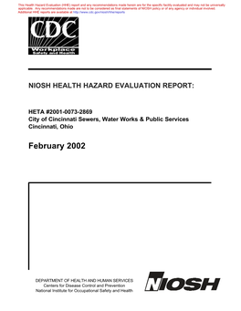 HHE Report No. HETA-2001-0073-2869, City of Cincinnati Sewers, Water Works & Public Services, Cincinnati, Ohio