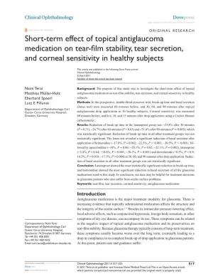 Short-Term Effect of Topical Antiglaucoma Medication on Tear-Film Stability, Tear Secretion, and Corneal Sensitivity in Healthy Subjects