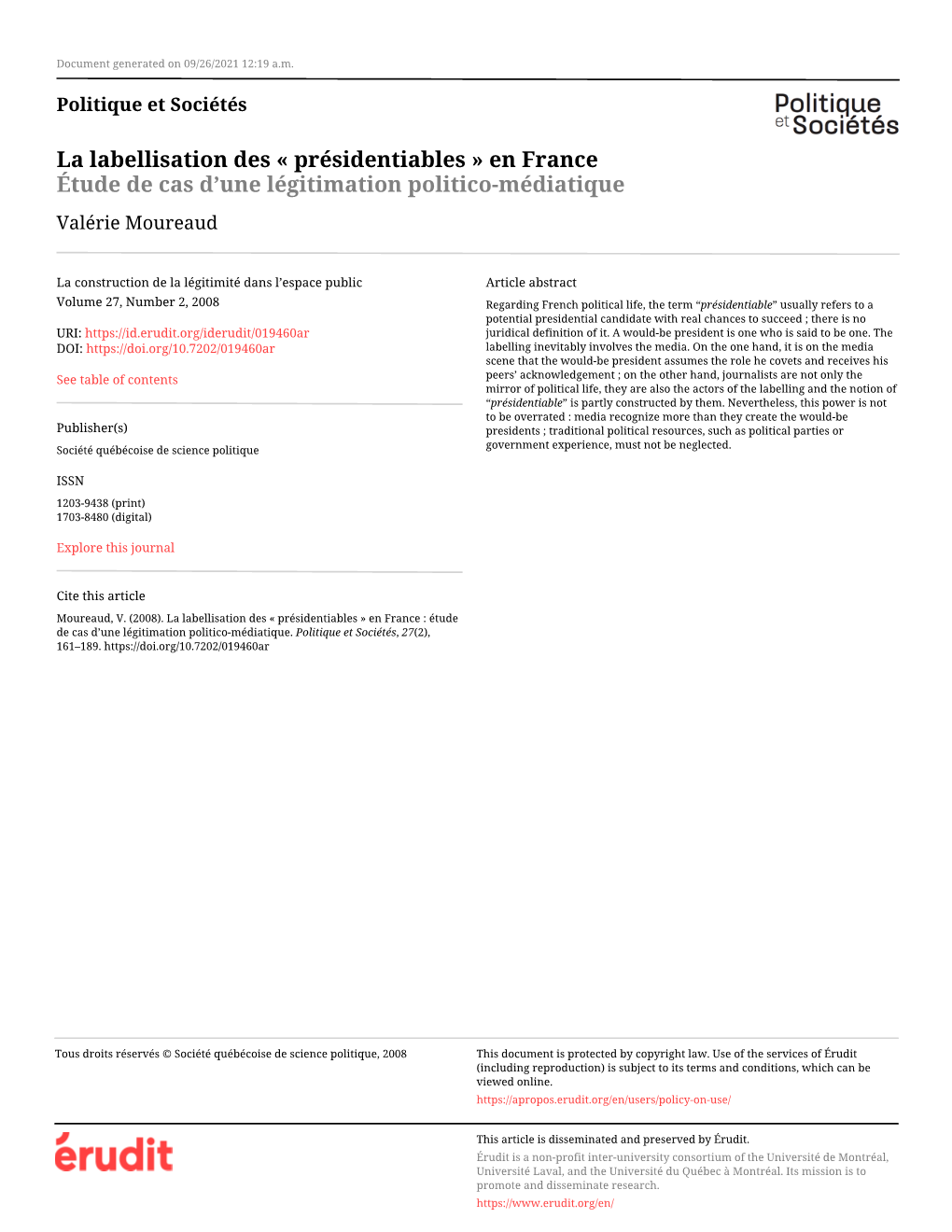 La Labellisation Des « Présidentiables » En France : Étude De Cas D'une