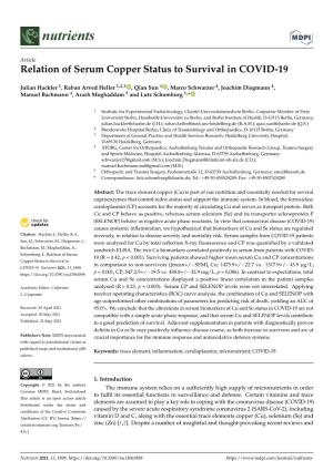 Relation of Serum Copper Status to Survival in COVID-19