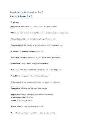 List of Idioms a - Z