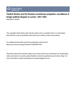 Vladimir Burtsev and the Russian Revolutionary Emigration: Surveillance of Foreign Political Refugees in London, 1891-1905