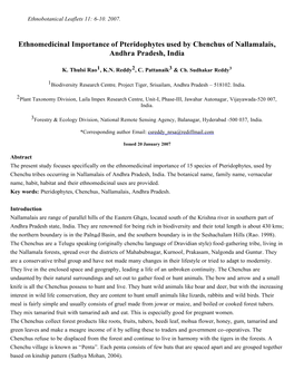 Ethnomedicinal Importance of Pteridophytes Used by Chenchus of Nallamalais, Andhra Pradesh, India