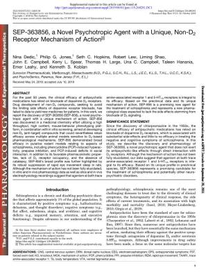 SEP-363856, a Novel Psychotropic Agent with a Unique, Non-D2 Receptor Mechanism of Action S