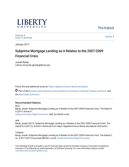 Subprime Mortgage Lending As It Relates to the 2007-2009 Financial Crisis