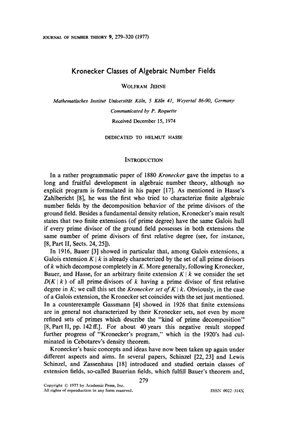 Kronecker Classes of Algebraic Number Fields WOLFRAM