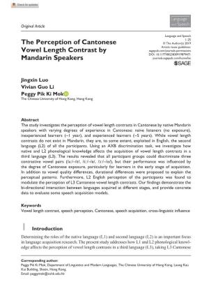 The Perception of Cantonese Vowel Length Contrast by Mandarin