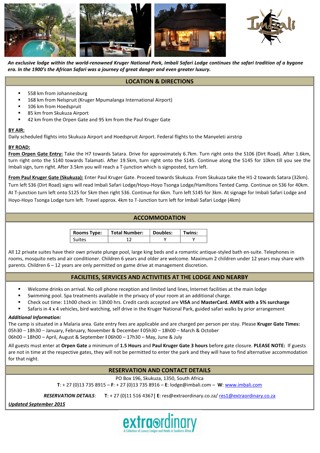 Imbali Safari Lodge Fact Sheet