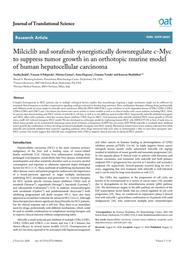 Milciclib and Sorafenib Synergistically Downregulate C-Myc to Suppress