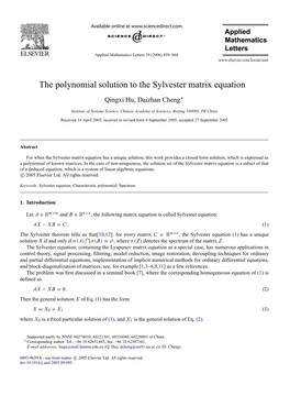 The Polynomial Solution to the Sylvester Matrix Equation✩