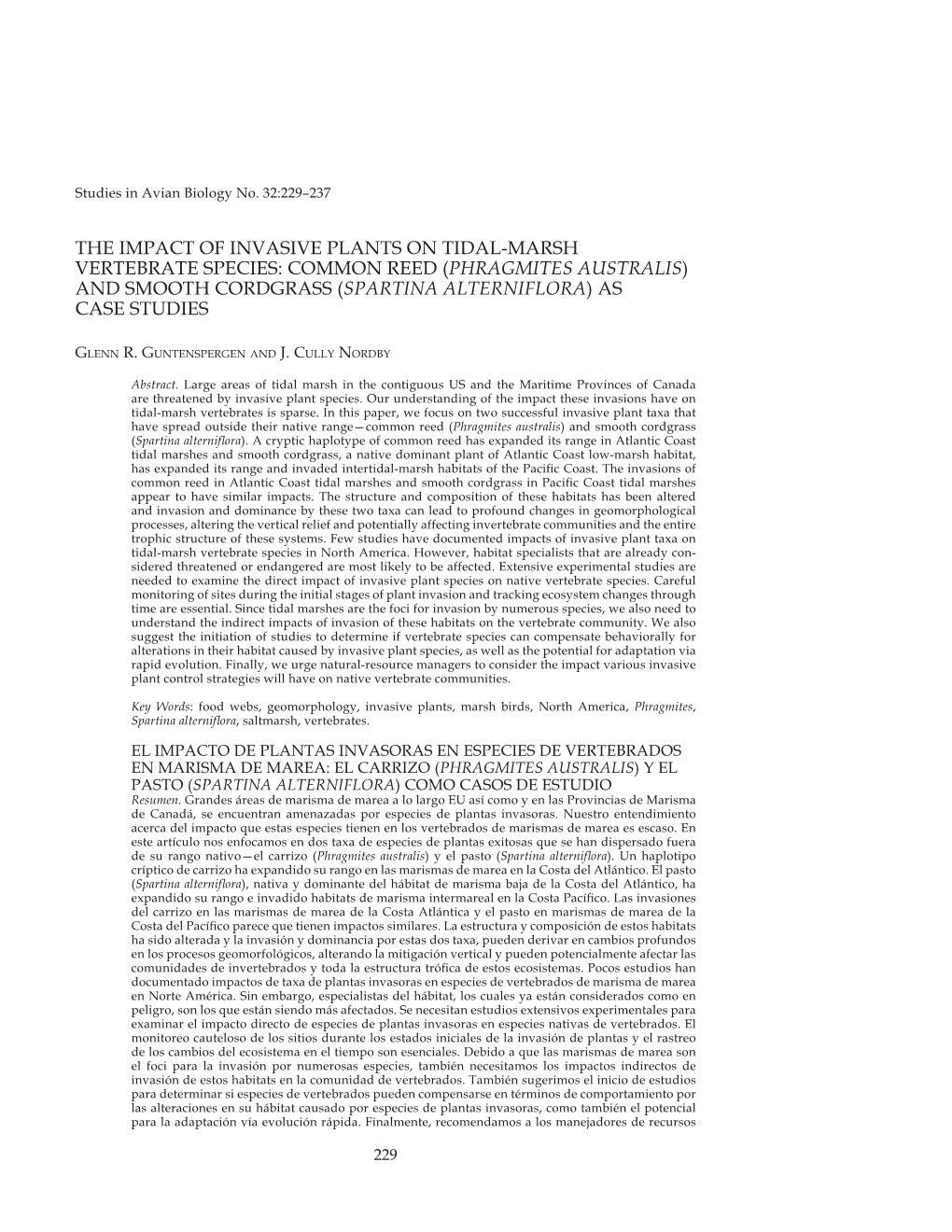 The Impact of Invasive Plants on Tidal-Marsh Vertebrate Species: Common Reed (Phragmites Australis) and Smooth Cordgrass (Spartina Alterniflora) As Case Studies