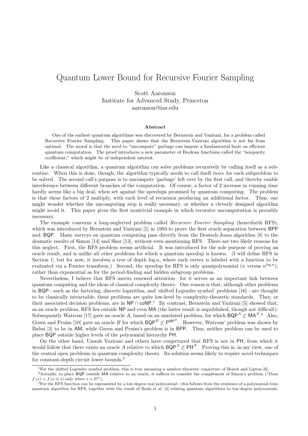 Quantum Lower Bound for Recursive Fourier Sampling