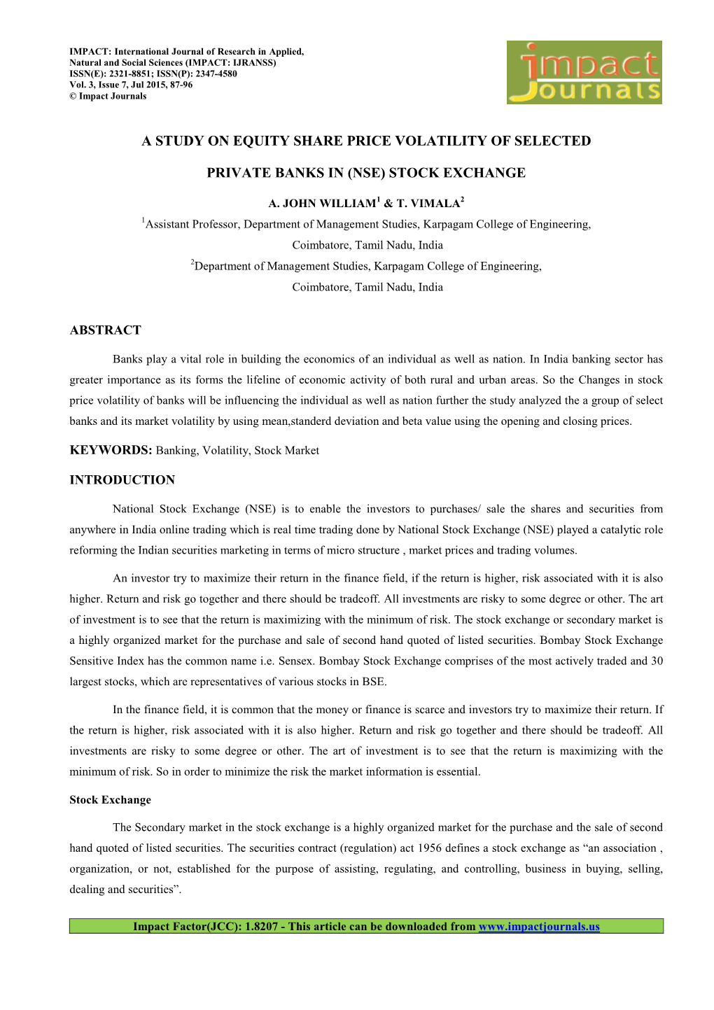 A Study on Equity Share Price Volatility of Selected