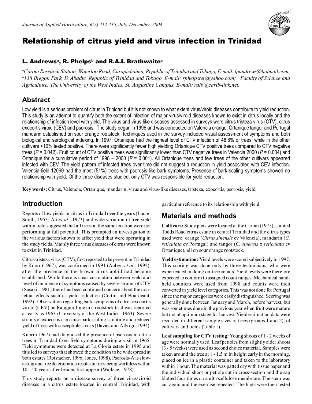 Relationship of Citrus Yield and Virus Infection in Trinidad