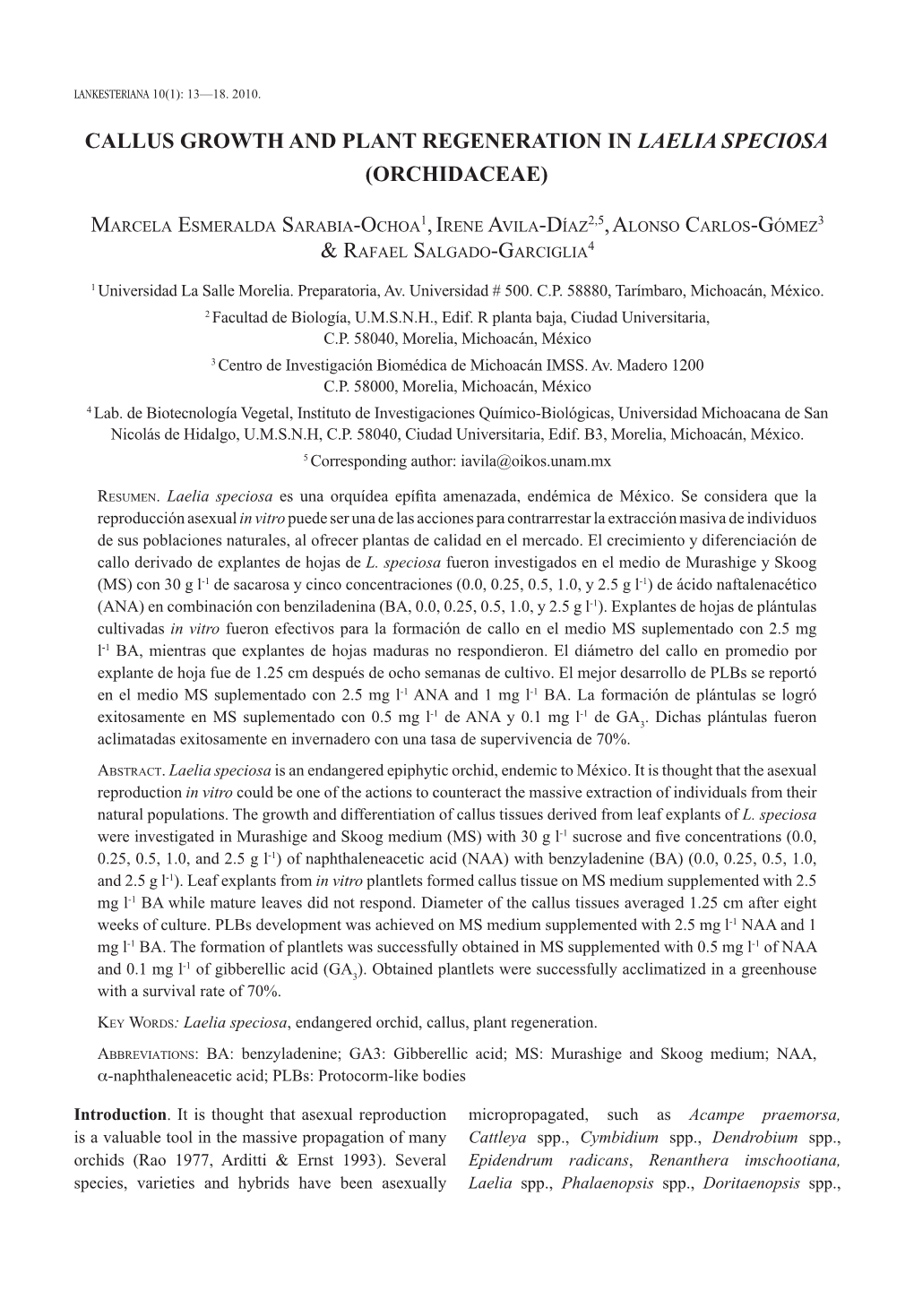 Callus Growth and Plant Regeneration in Laelia Speciosa (Orchidaceae)