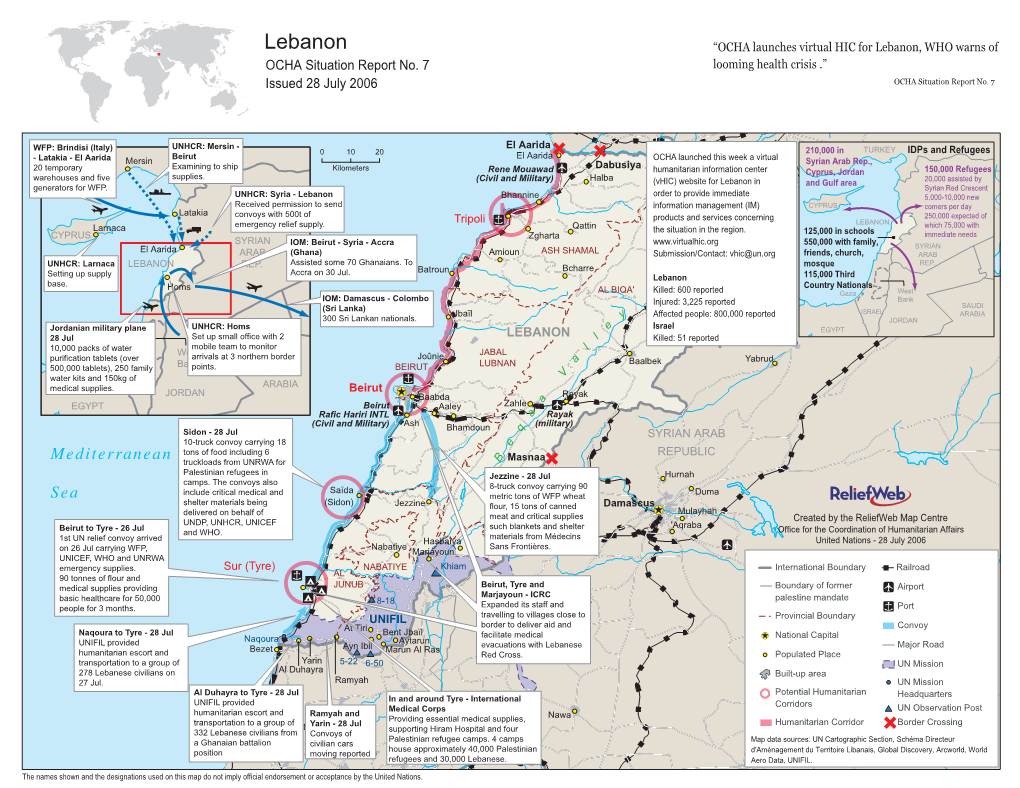 Lebanon “OCHA Launches Virtual HIC for Lebanon, WHO Warns of OCHA Situation Report No