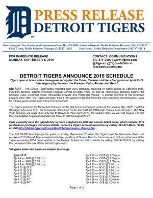 Detroit Tigers Announce 2015 Schedule