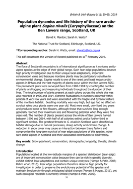 Population Dynamics and Life History of the Rare Arctic- Alpine Plant Sagina Nivalis (Caryophyllaceae) on the Ben Lawers Range, Scotland, UK