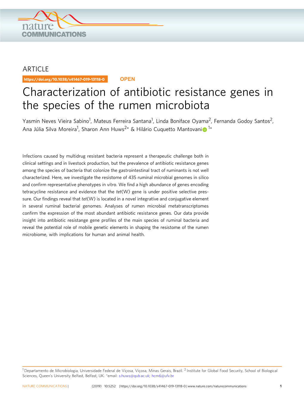 Characterization of Antibiotic Resistance Genes in the Species of the Rumen Microbiota