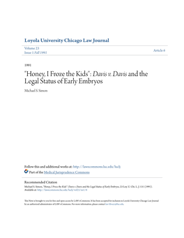 Davis V. Davis and the Legal Status of Early Embryos Michael S