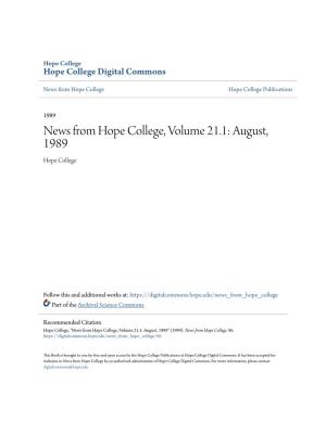 News from Hope College, Volume 21.1: August, 1989 Hope College