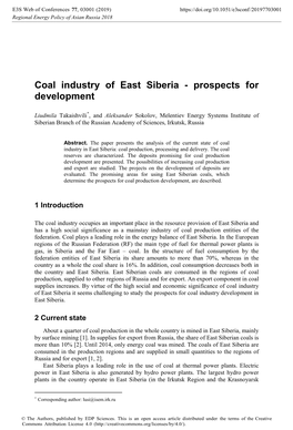 Coal Industry of East Siberia - Prospects for Development