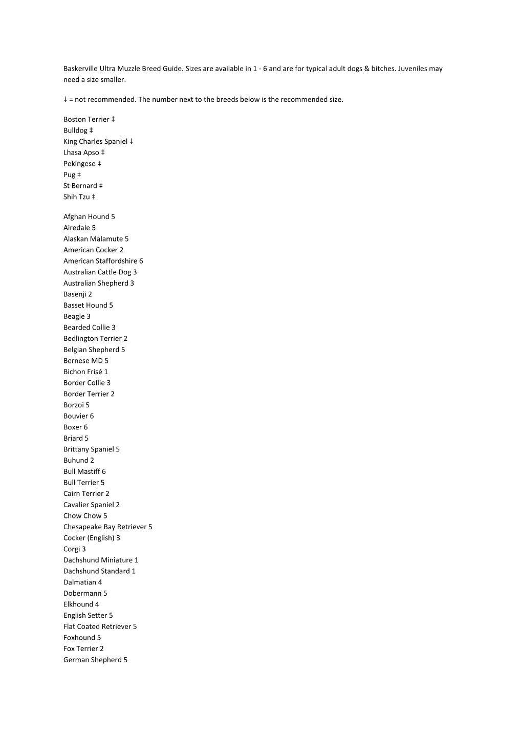 Baskerville Ultra Muzzle Breed Guide. Sizes Are Available in 1 - 6 and Are for Typical Adult Dogs & Bitches