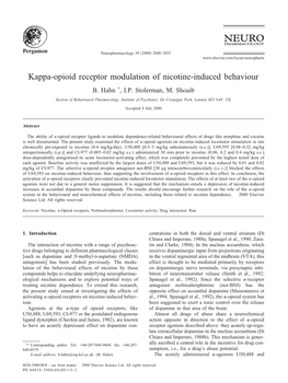 Kappa-Opioid Receptor Modulation of Nicotine-Induced Behaviour B