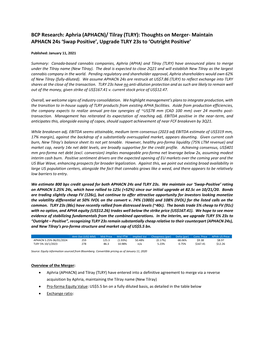 BCP Research: Aphria (APHACN)/ Tilray (TLRY): Thoughts on Merger- Maintain APHACN 24S ‘Swap Positive’, Upgrade TLRY 23S to ‘Outright Positive’
