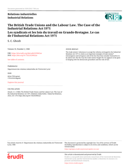 The British Trade Unions and the Labour Law. the Case of the Industrial Relations Act 1971 Les Syndicats Et Les Lois Du Travail En Grande-Bretagne