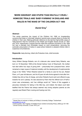 Baby-Farming’ in England and Wales in the Wake of the Children Act 1908